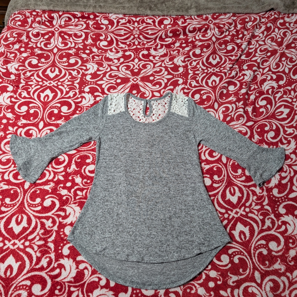 Gray Long Sleeve Top with Lace Accents